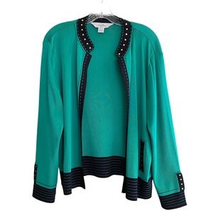 MING WANG Size L Cardigan Open Front Green Black Gold Metal Studs